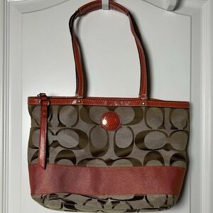 Coach Brown Monogram Orange Leather Gold Hardware Signature Stripe Tote Bag